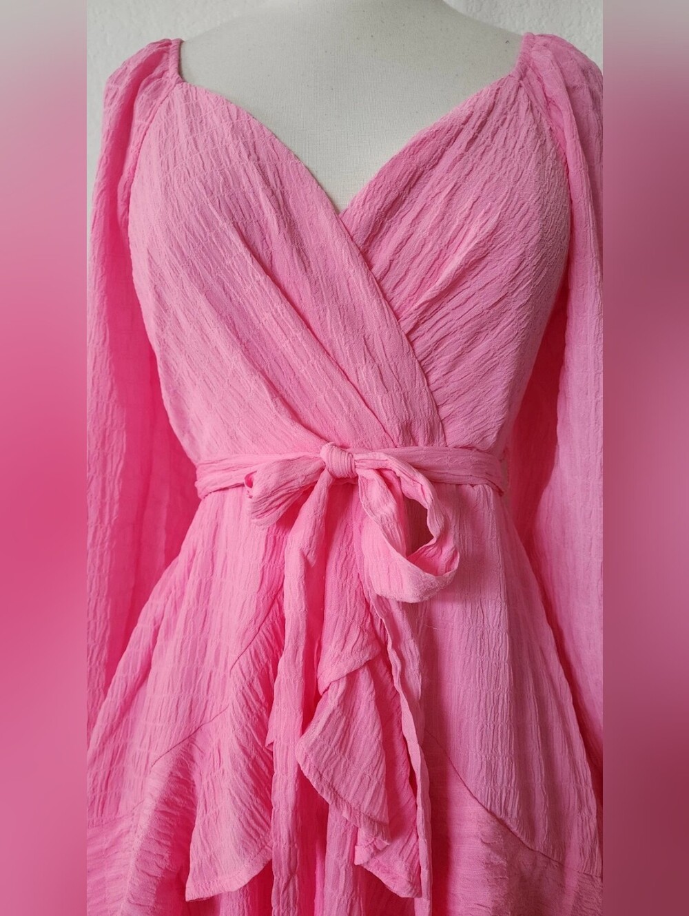 Pink Long-Sleeve Wrap Mini Dress with Tie Waist - Picture 4 of 4